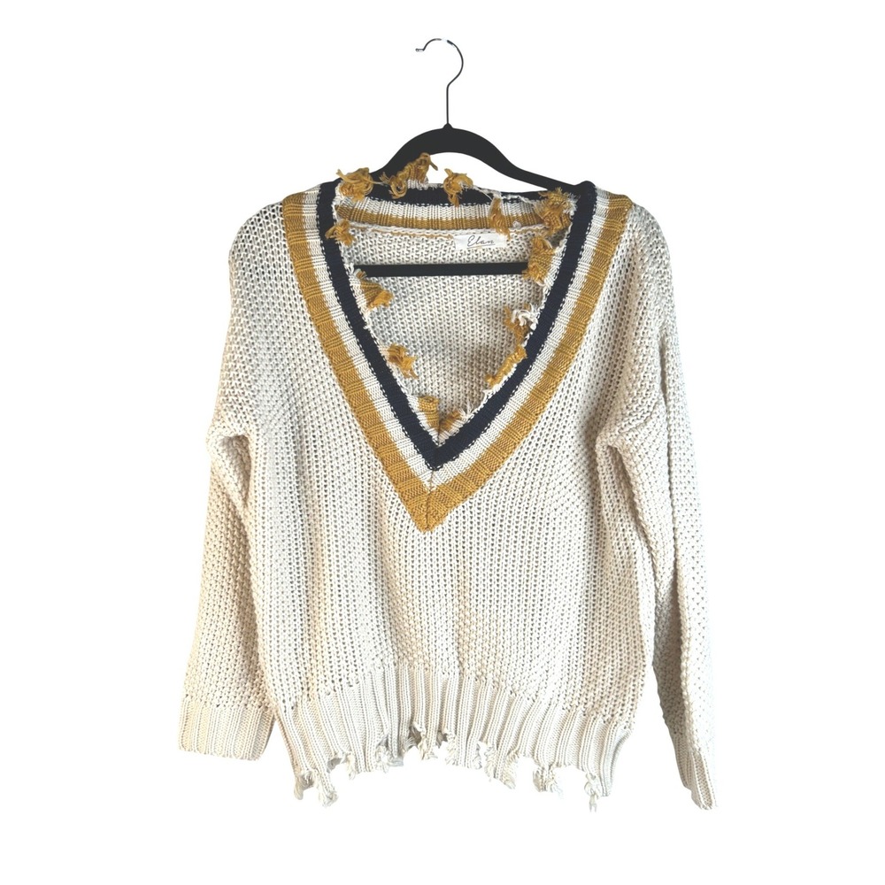 Elan Women's Cream Distressed Varsity‎ Striped V-Neck Knit Sweater Size Medium